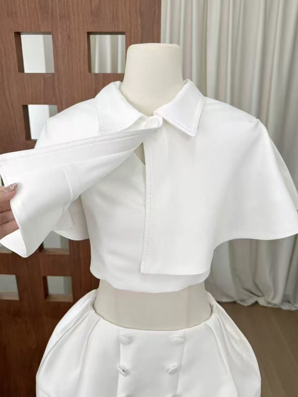 White Cape Collar Crop Top & Double Button Pleated Mini Skirt Two Piece Set