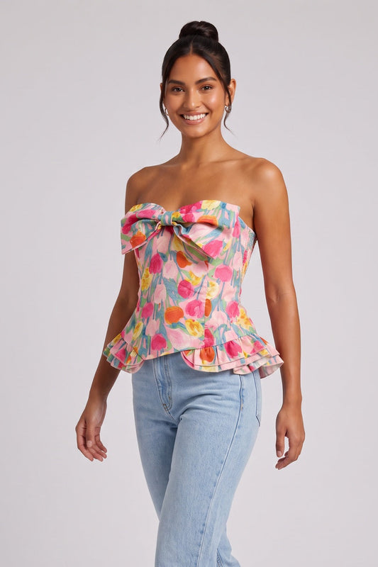 Pink Floral Strapless Corset Top with Peplum pink cotton-blend woven fabric top - product view 1