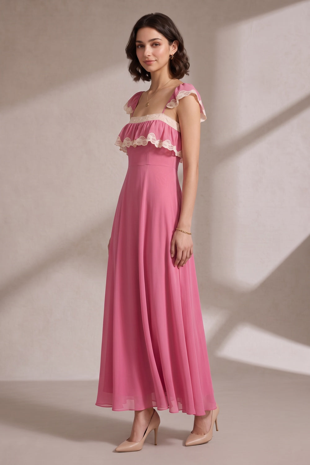 Pink Maxi Dress with Lace Trim and Ruffle Detail Premium Fabric - product view 5