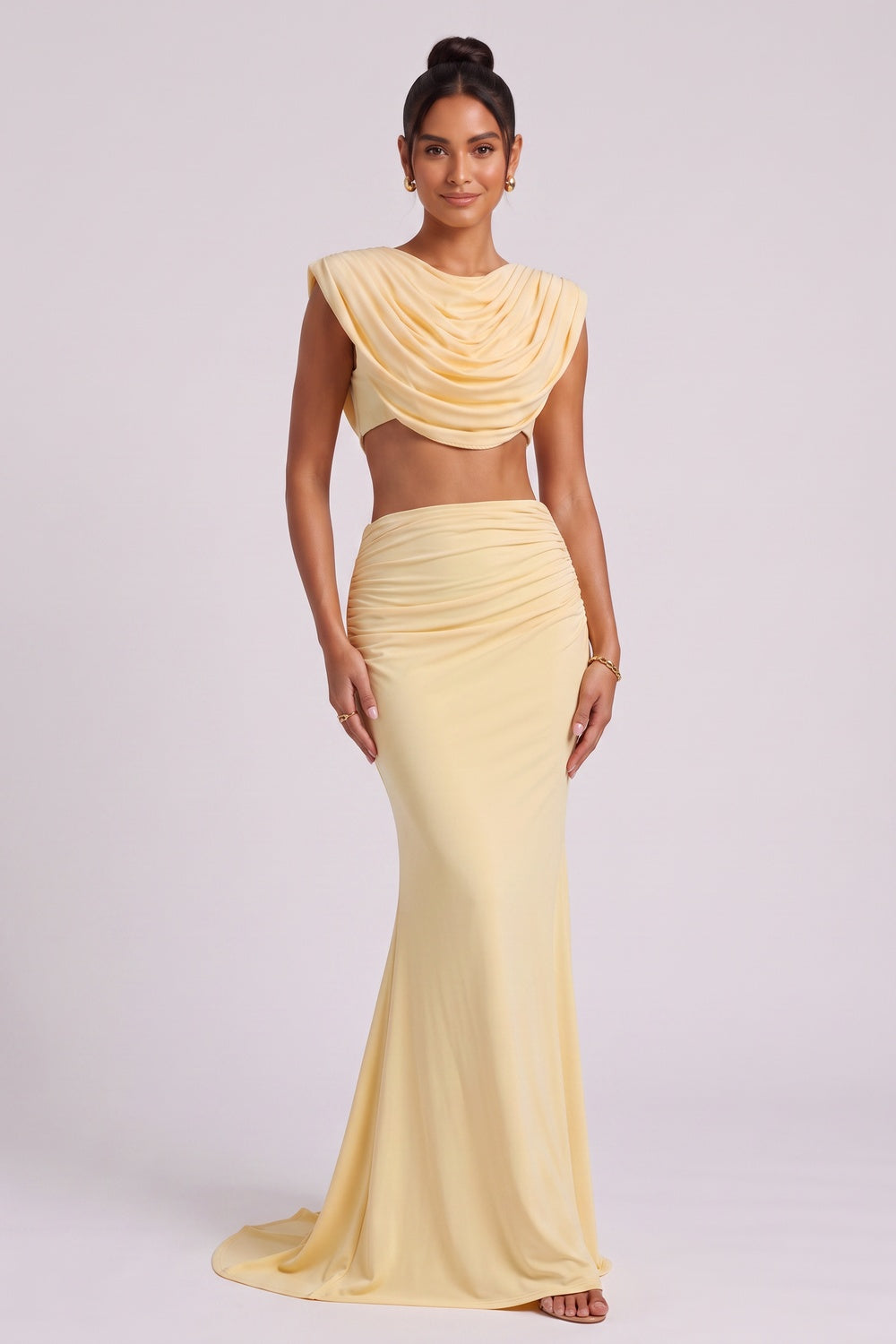 Draped Cowl Neck Two-Piece Set in Pale Yellow Premium Fabric - product view 5
