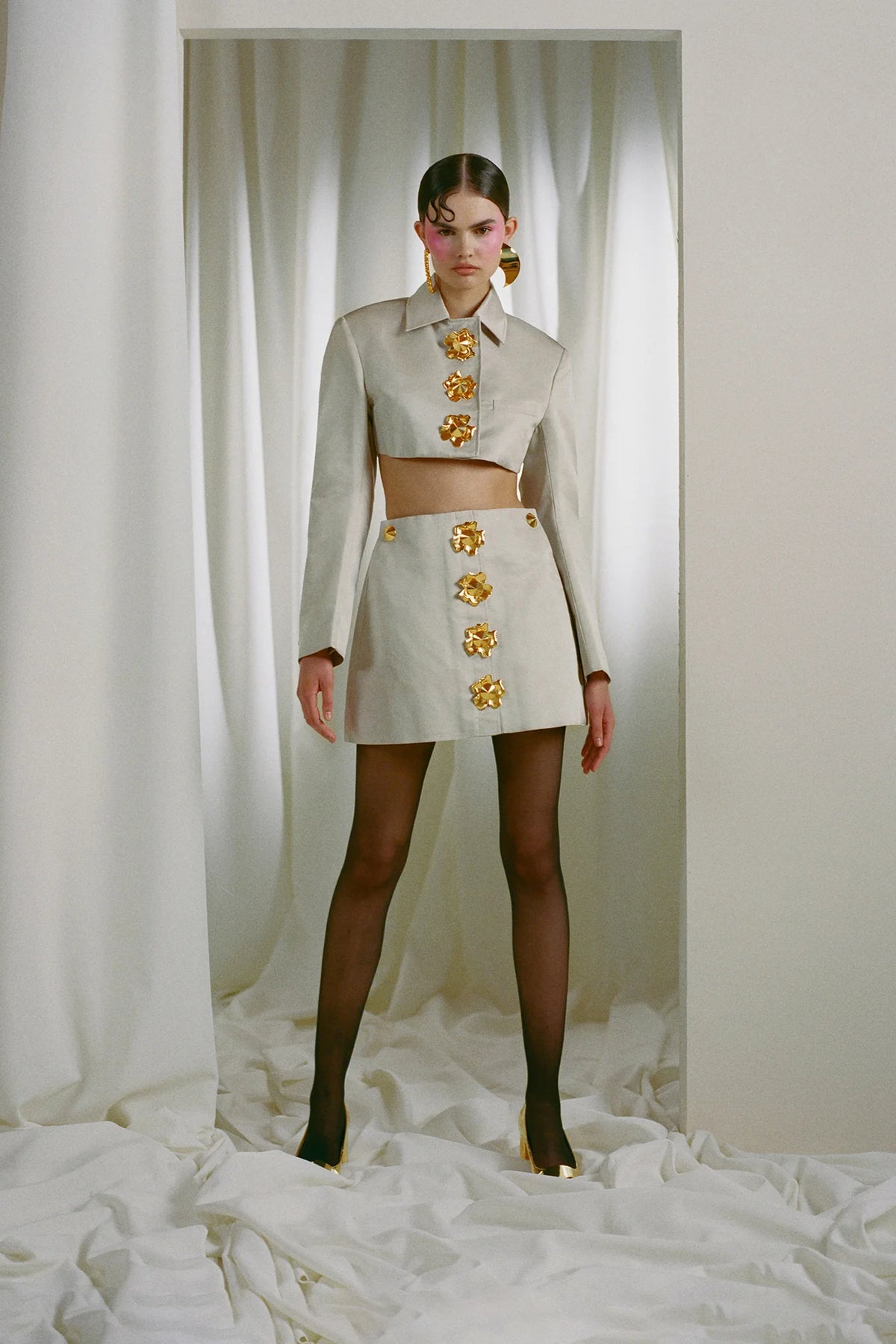 odelette Metal buttoned blazer skirt set in beige