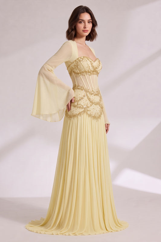 pale yellow chiffon a-line gown pale yellow chiffon gown - product view 3
