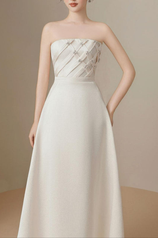 Strapless Straight Across Neck Polyester Midi Dress