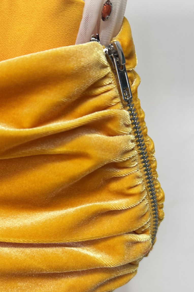 Yellow Velvet Off-Shoulder Beaded Evening Gown