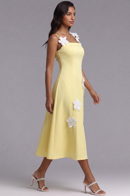 Pastel Yellow Structured Crepe A-Line Midi Dress with 3D Floral Appliqués pastel yellow structured crepe dress - product view 2