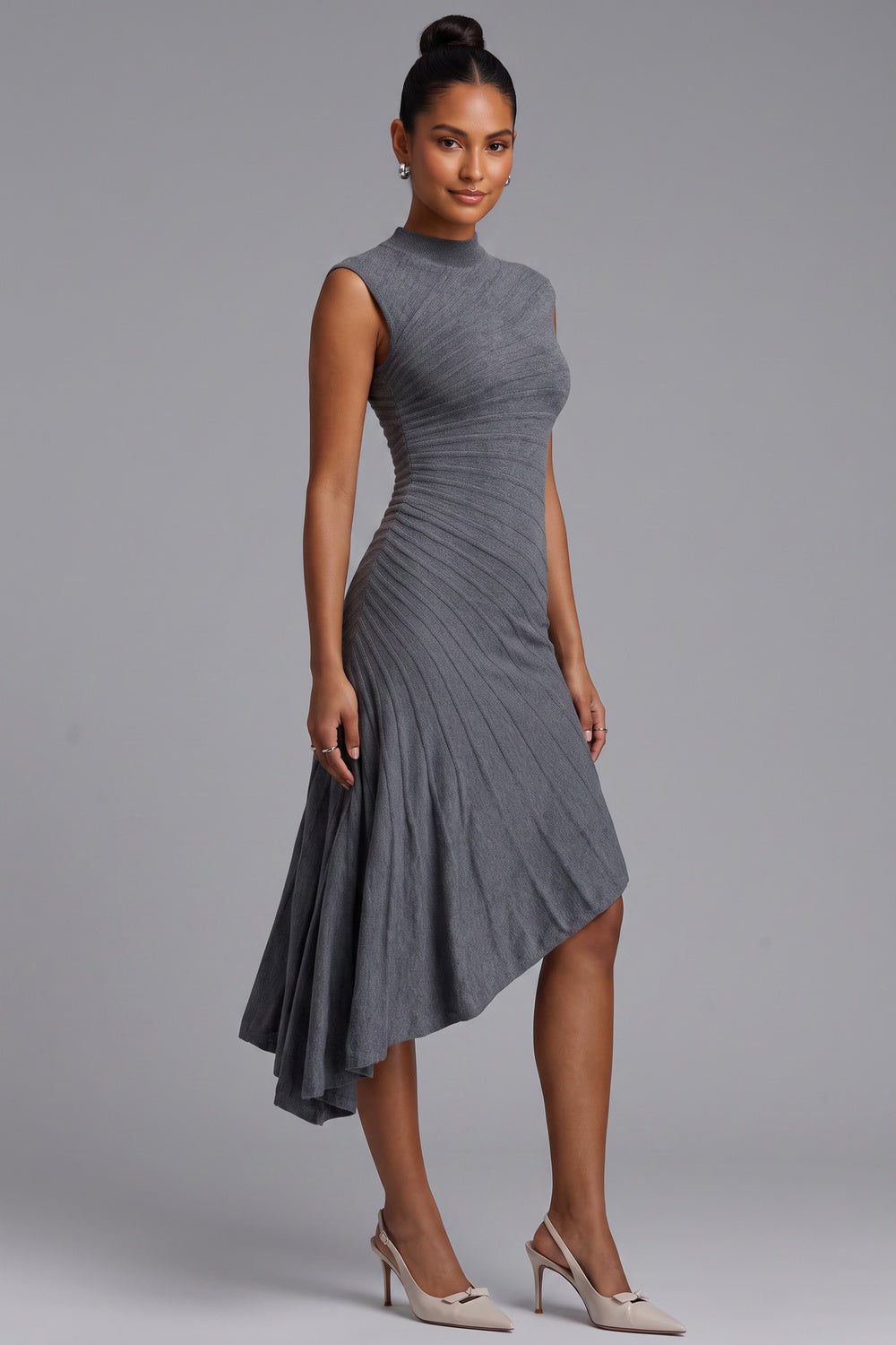 Grey Asymmetric Hem Midi Dress Premium Fabric - product view 5