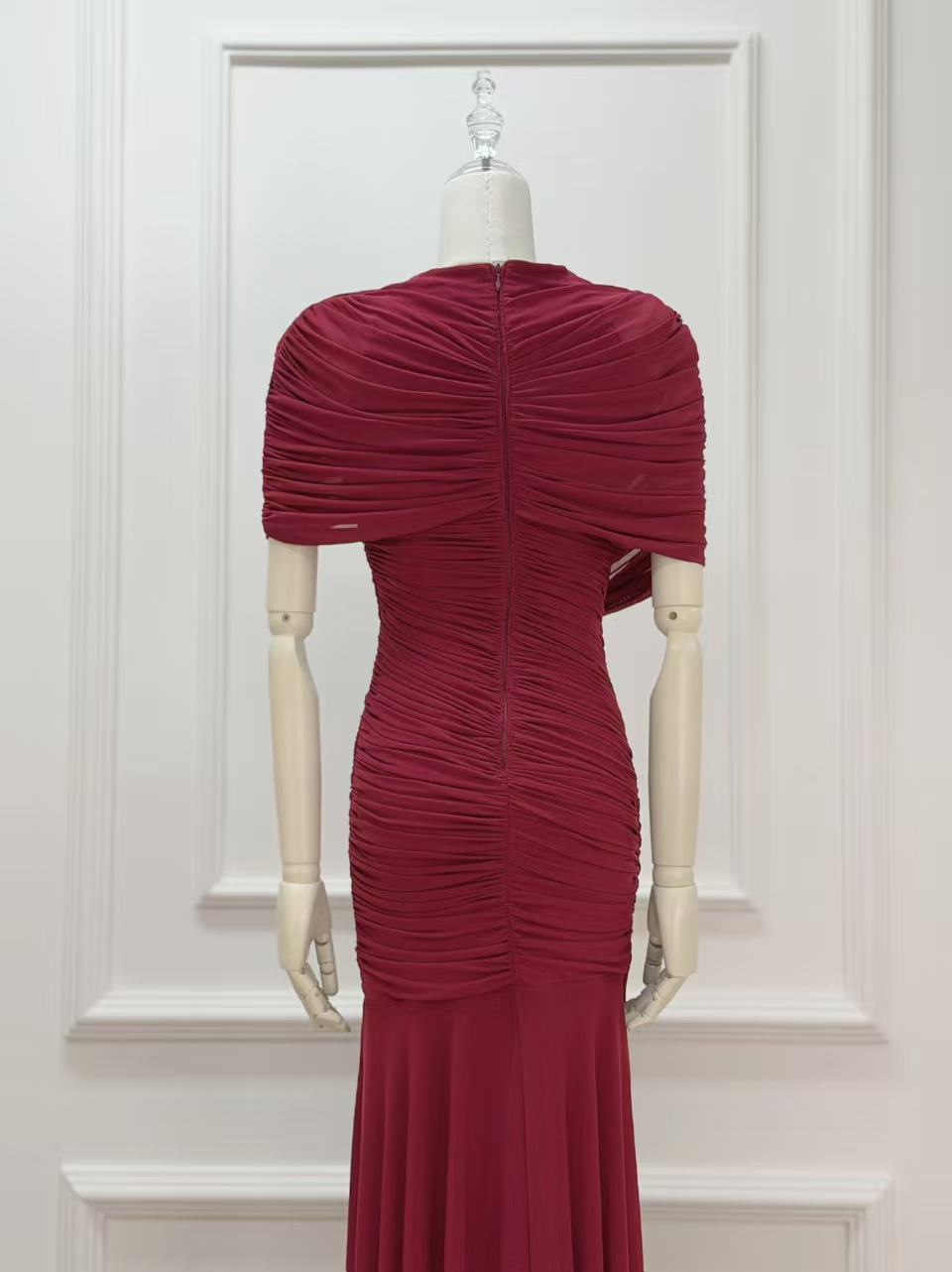 burgundy mesh mermaid evening gown