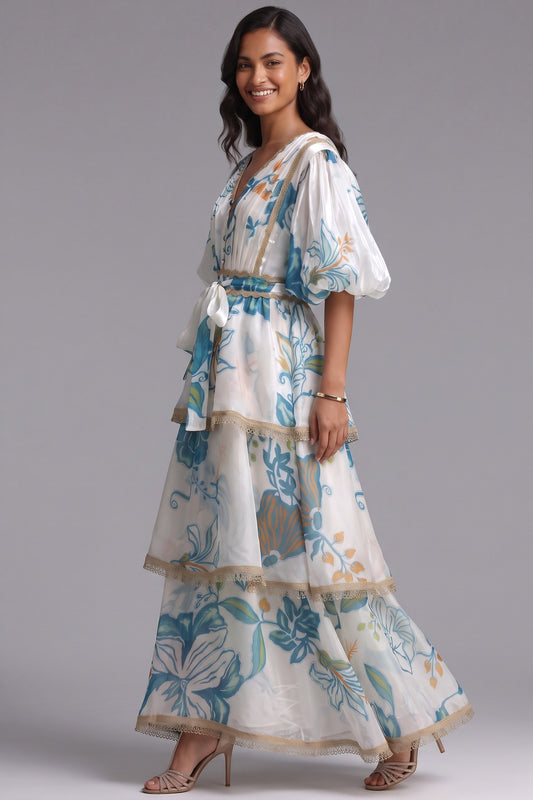 White Semi-Sheer Organza or Lightweight Silk A-Line Tiered Maxi Dress white, off-white semi-sheer organza or lightweight silk tiered maxi dress - product view 2