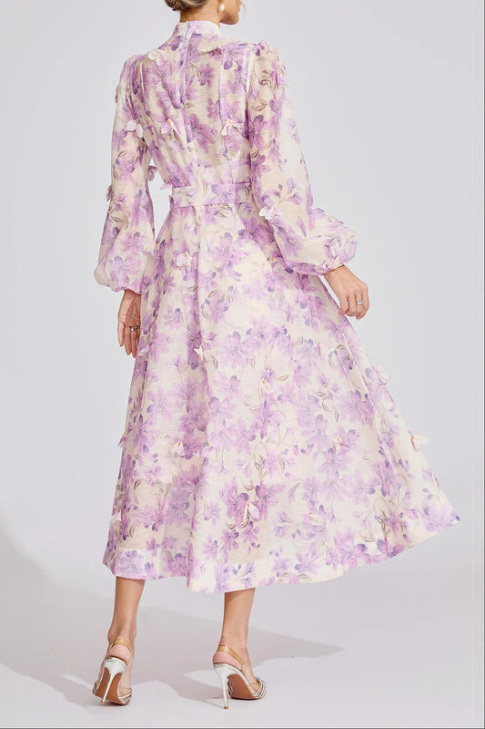 simona Floral print lantern sleeve Maxi Dress in purple