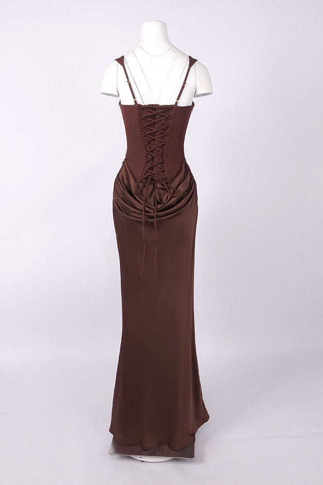 Dark Brown Satin Fitted Column Evening Gown with Draped Hip
