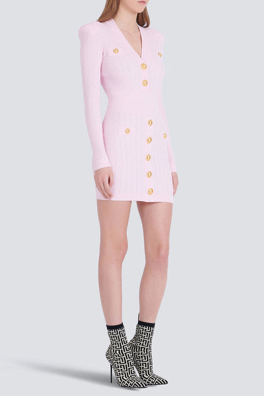 vicky v-neck button-detail ribbed mini dress in pink
