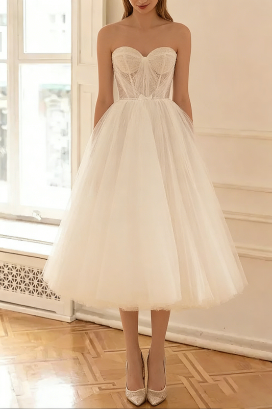 Strapless Sweetheart Corset Midi Wedding Dress
