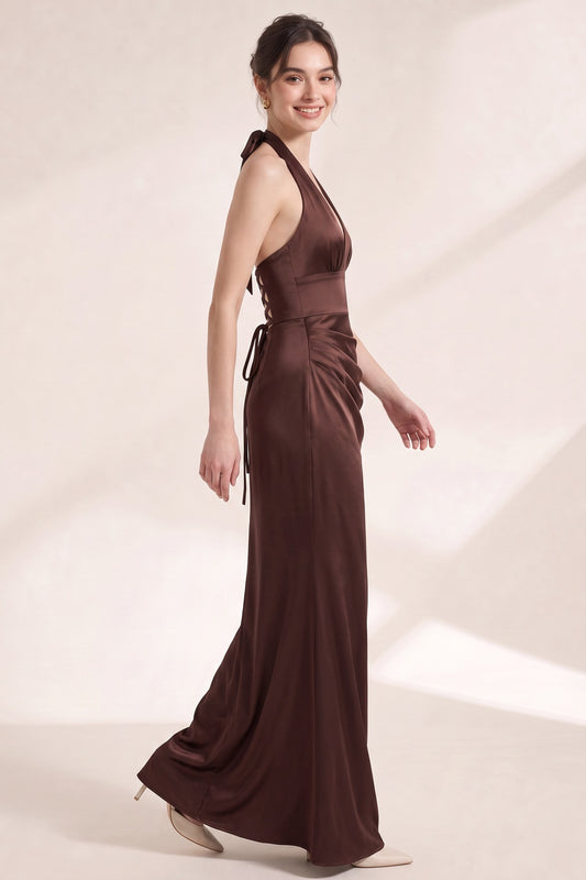 Chocolate Brown Satin Fitted Column Gown chocolate brown satin gown - product view 3