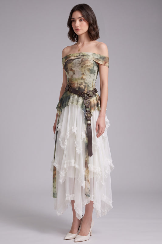 Olive Green Abstract Watercolor Print A-Line Off-The-Shoulder Dress with Layered Ruffled Skirt olive green, brown, cream, white printed mesh or lightweight jersey dress - product view 2