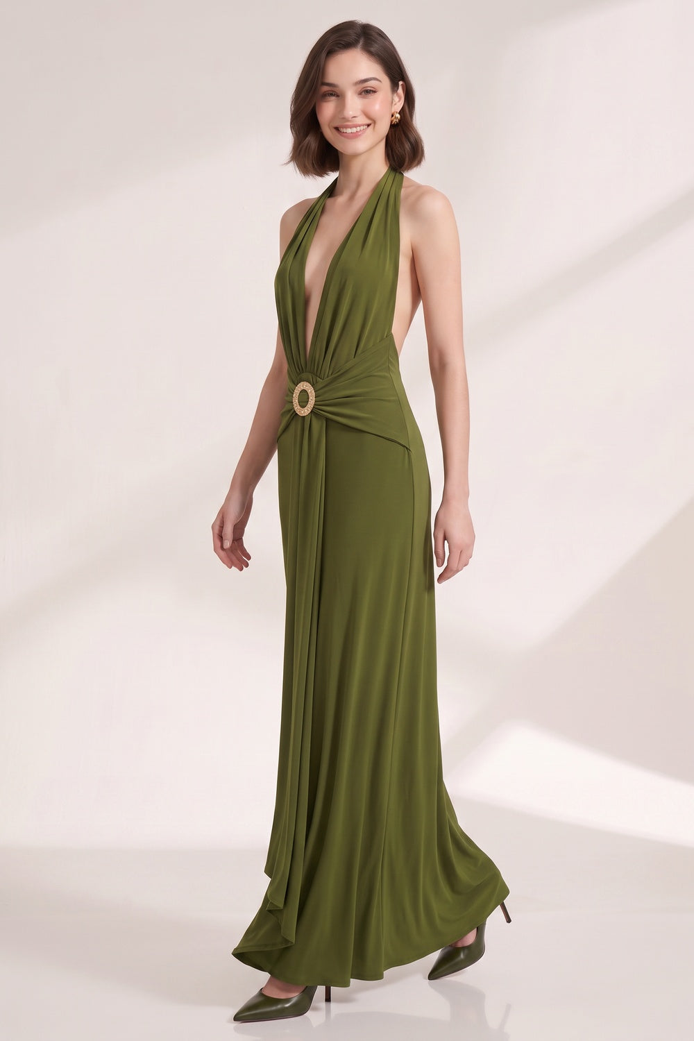 Olive Green Fluid Jersey Column Dress olive green fluid jersey dress - product view 3