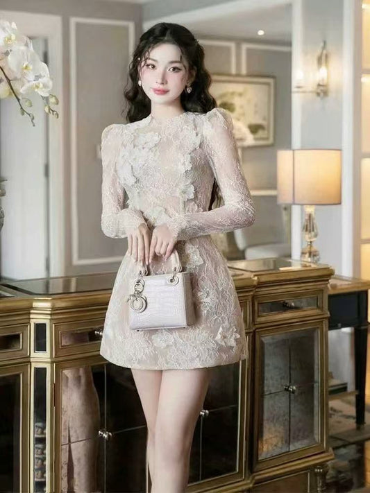 AMY Sheer Lace Long-Sleeve Floral Applique Mini Dress IN BEIGE