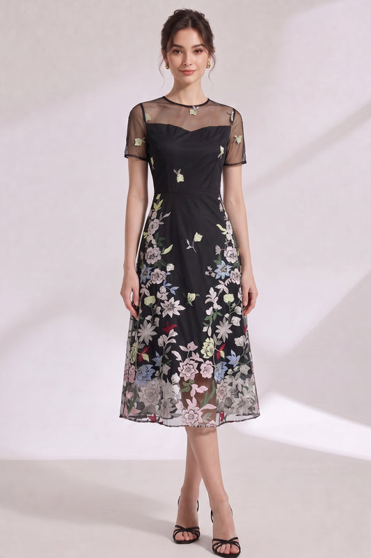 Black Floral Embroidery A-Line Midi Dress with Sheer Mesh Overlay black sheer mesh overlay dress - product view 3