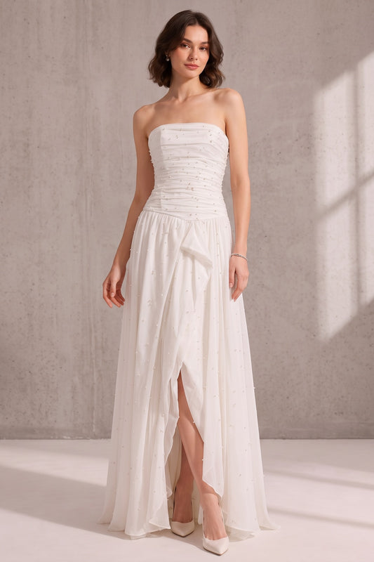White Strapless Ruched Pearl Draped Chiffon High Slit Maxi Gown