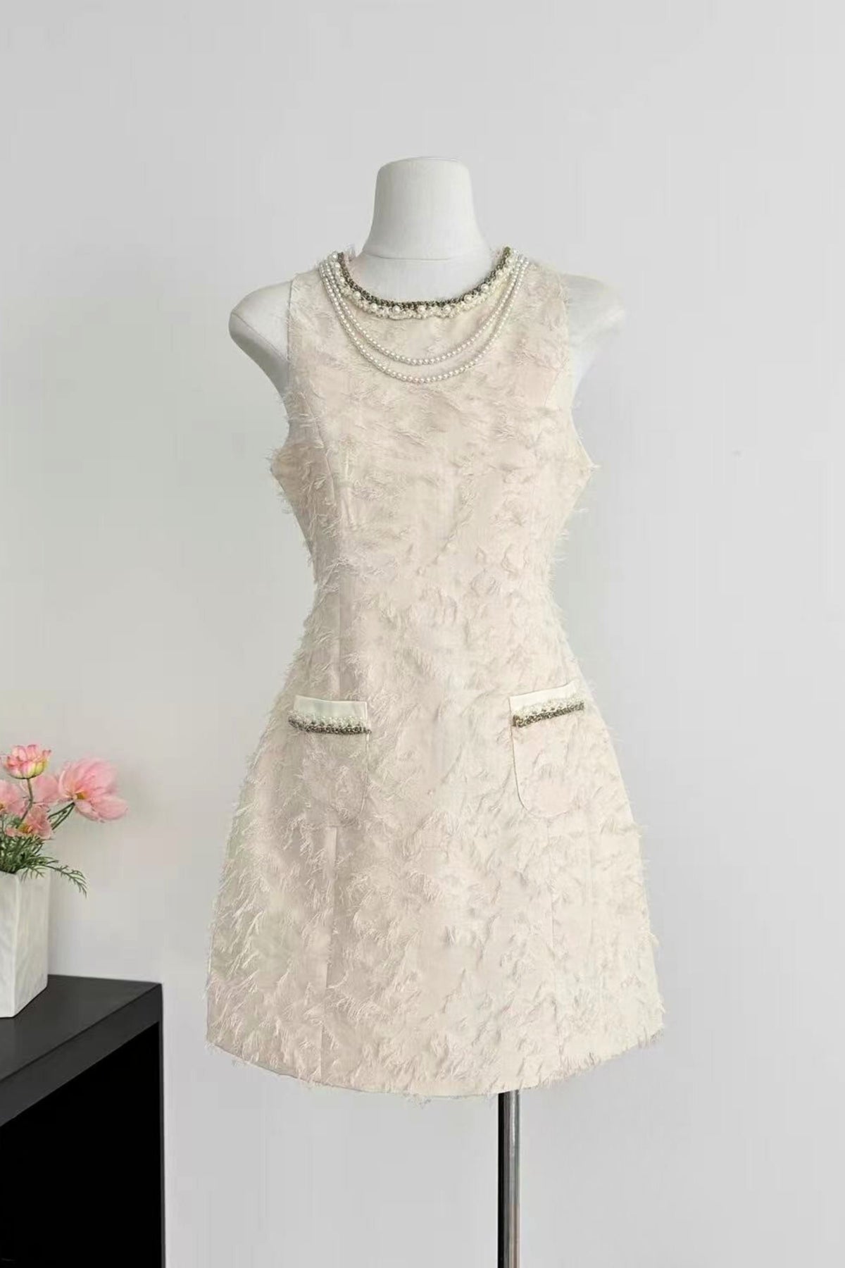 pandora Feathery Sleeveless A-line mini Dress in beige