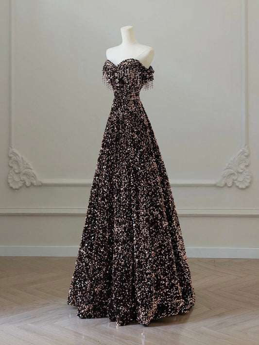 A-Line Off Shoulder Coffee Gold Sequin Dress