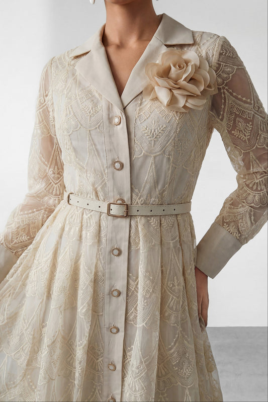 Cream Embroidery Lapel Long Sleeve Belted Midi Shirt Dress With 3D Rose Brooch