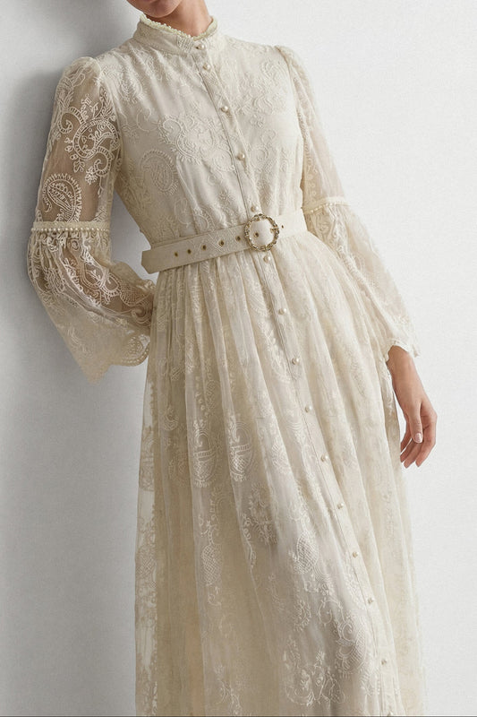 Cream Embroidery Lace Stand Collar Bell Sleeve Belted Midi Shirt Dress