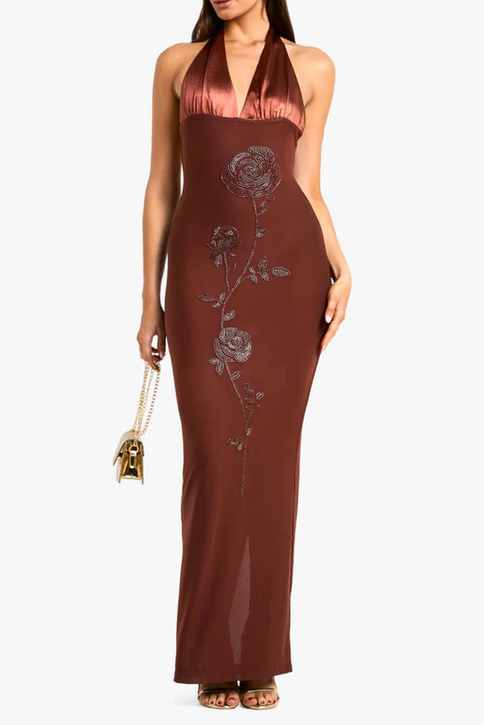 Beaded Floral Satin Halter maxi Dress in brown