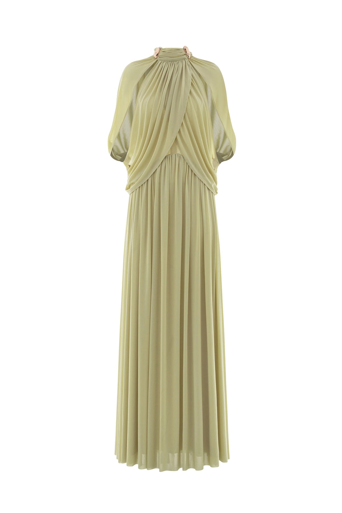 leona Green Draped Cape Sleeve Knit Maxi Dress