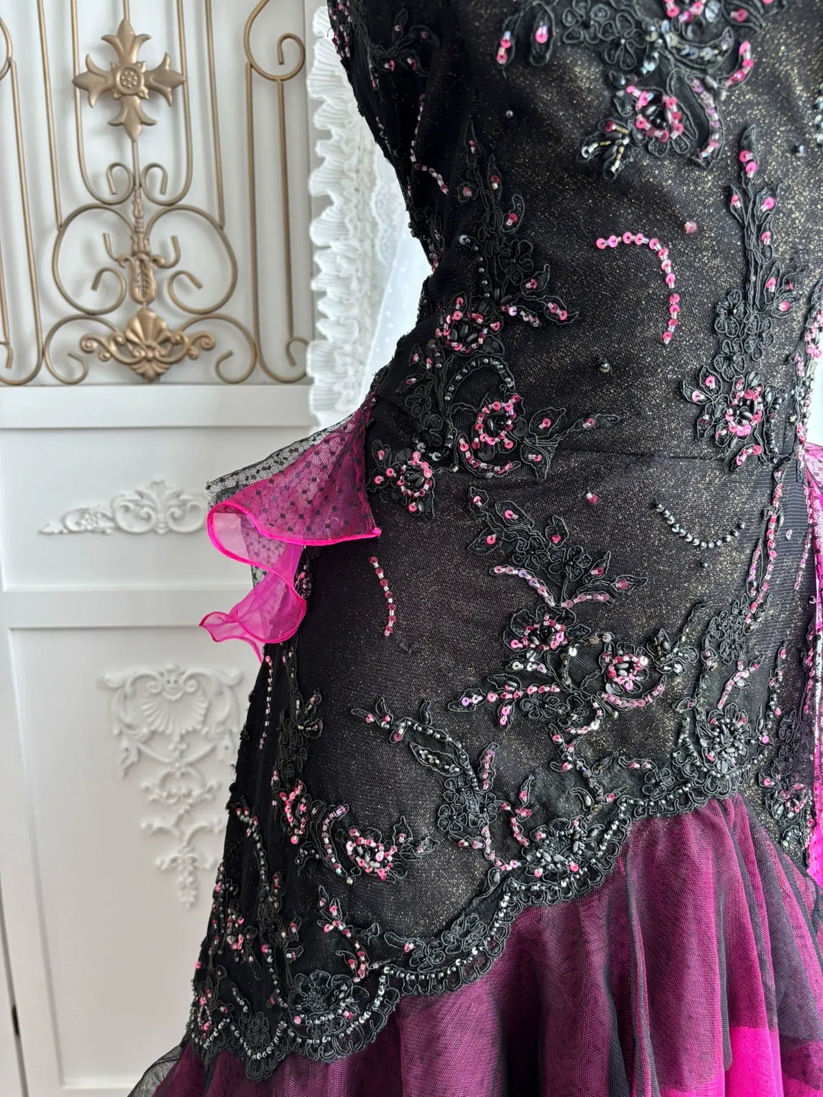 Halter Black Magenta Lace High‑Low Ruffled Evening Gown