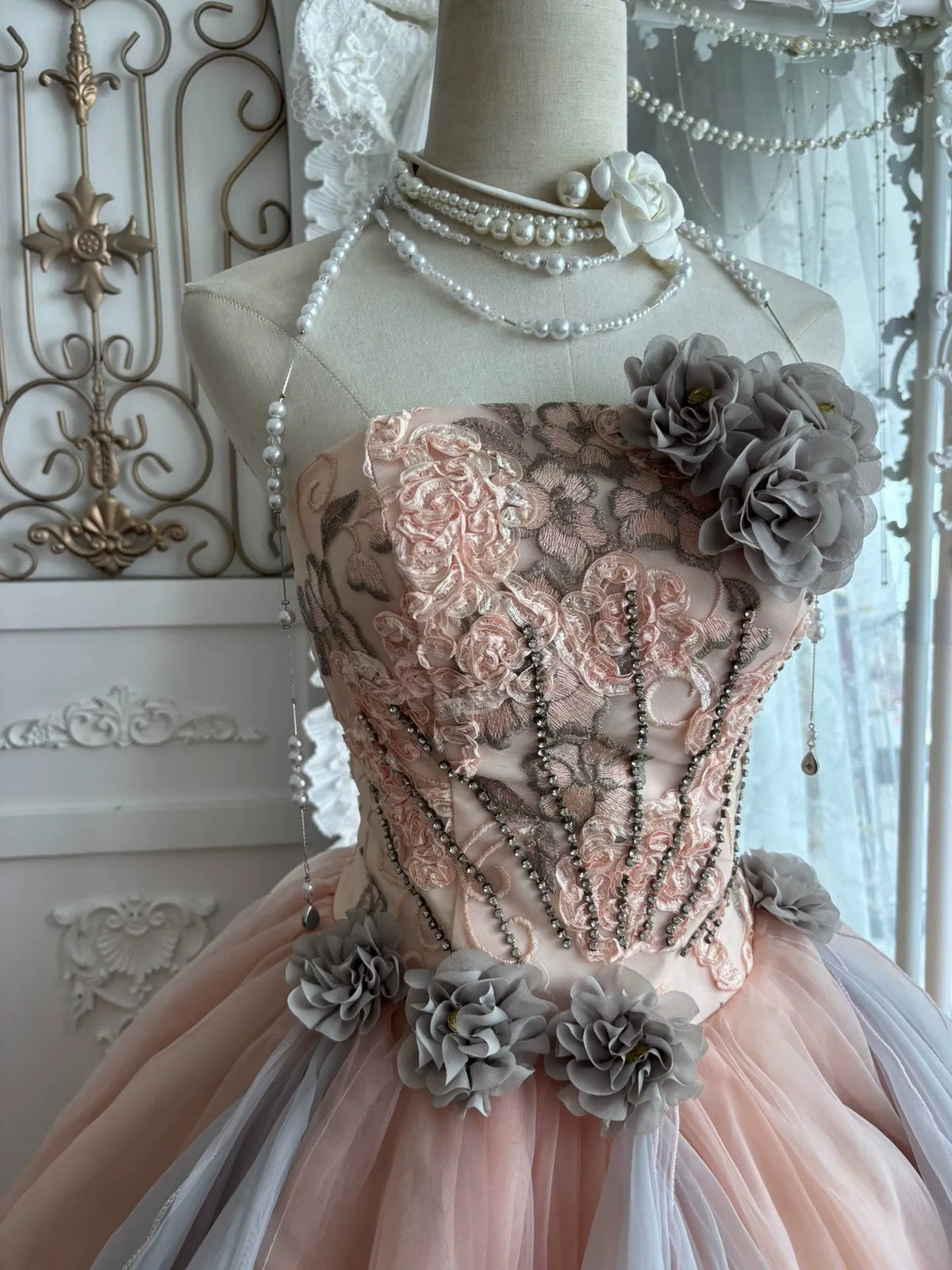 Peach Tulle Ballgown with Grey Floral Embellishments