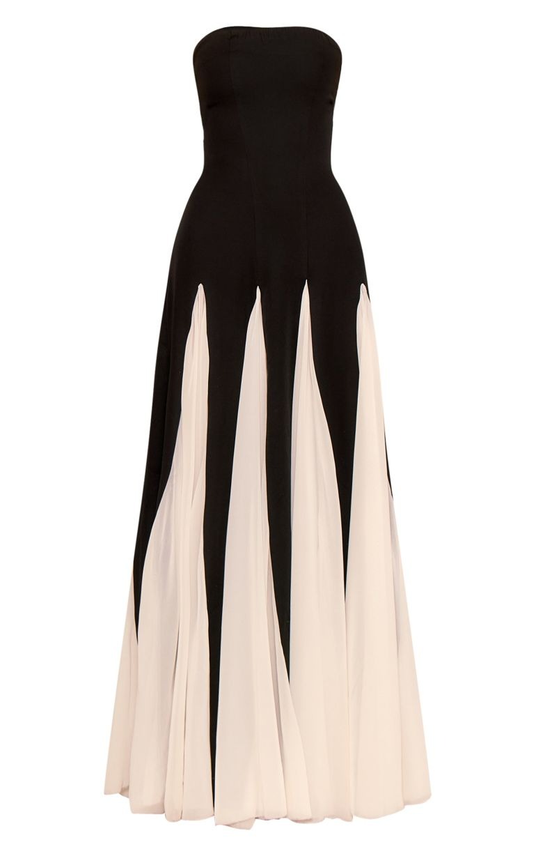 Black Bandeau Contrast Chiffon Pleated Maxi Dress