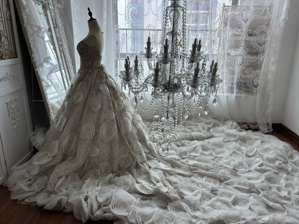 Champagne Organza Ballgown Gown with 3D Floral Rosettes(detachable sleeves)