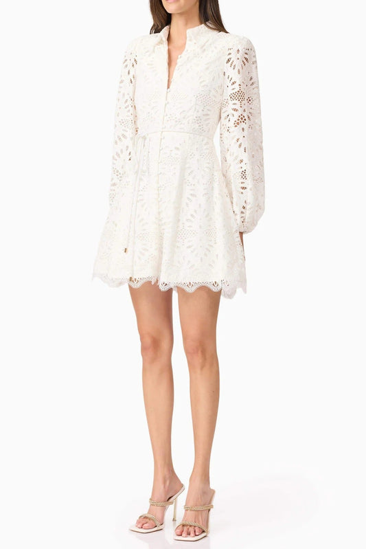 lapel hollow embroidery puff sleeve mini dress in white