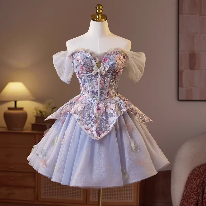 kelly floral print embroidery tulle puffy mini dress