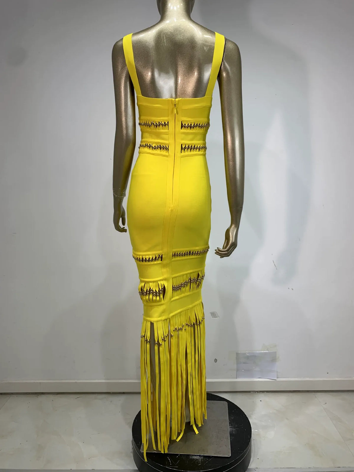 Bright Yellow Square Strap Cutout Fringe Bandage Maxi Mermaid Dress