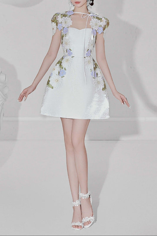 White Floral Embroidered Mini Dress with Sheer Cap Sleeve Bolero