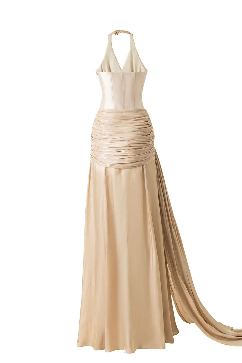 Corset Waist Silk Blend halter Floor Length Dress in champagne