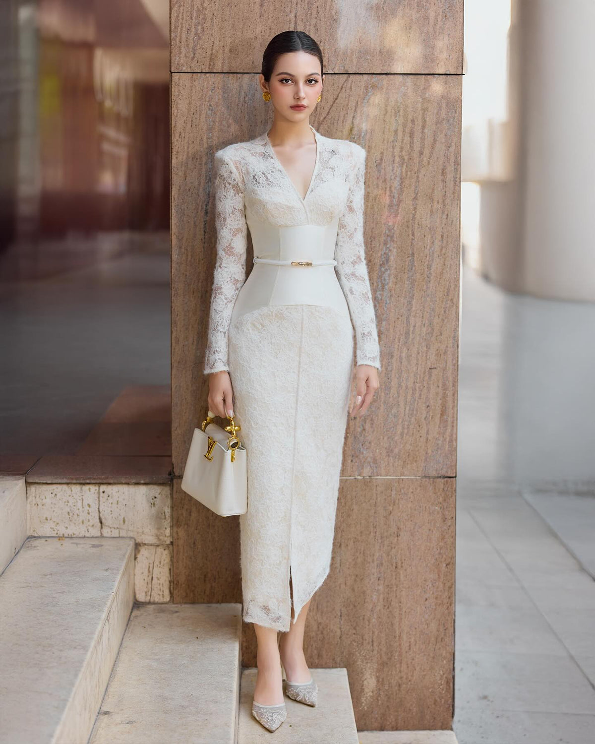 kimberley white v-neck lace patchwork midi dress