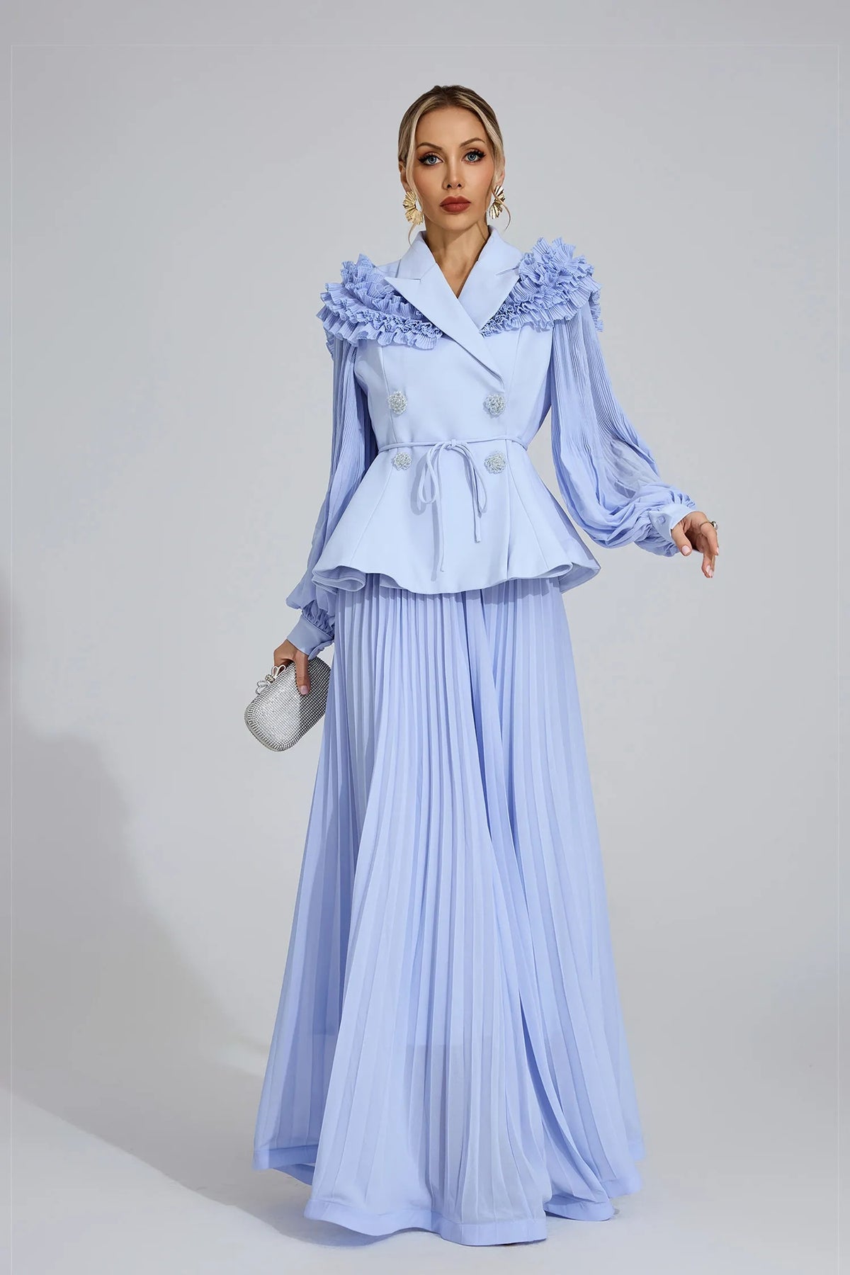 josephine Light Blue Flounce skirt blazer Two-Piece Set