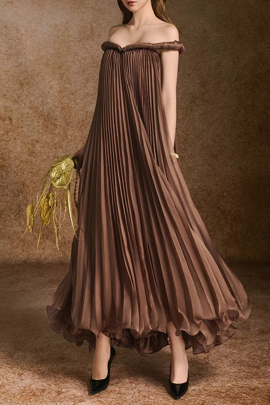 donna A-line Off-Shoulder Silk Organza Maxi Dress in brown