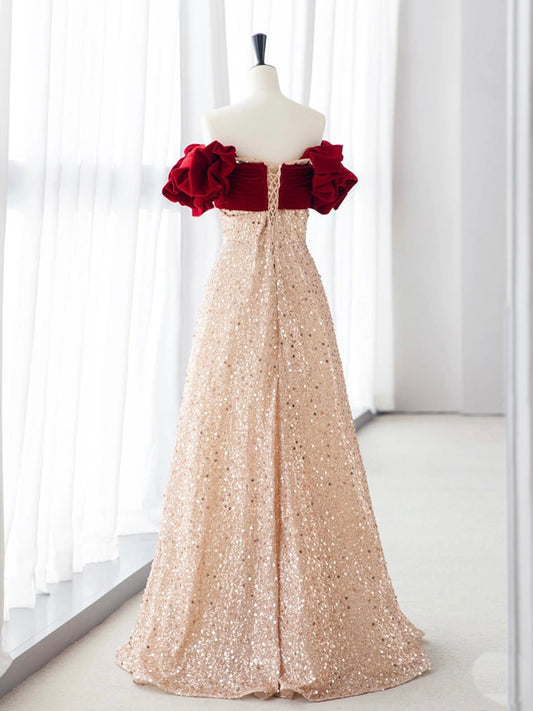 Champagne A-Line velvet Long Prom Dress