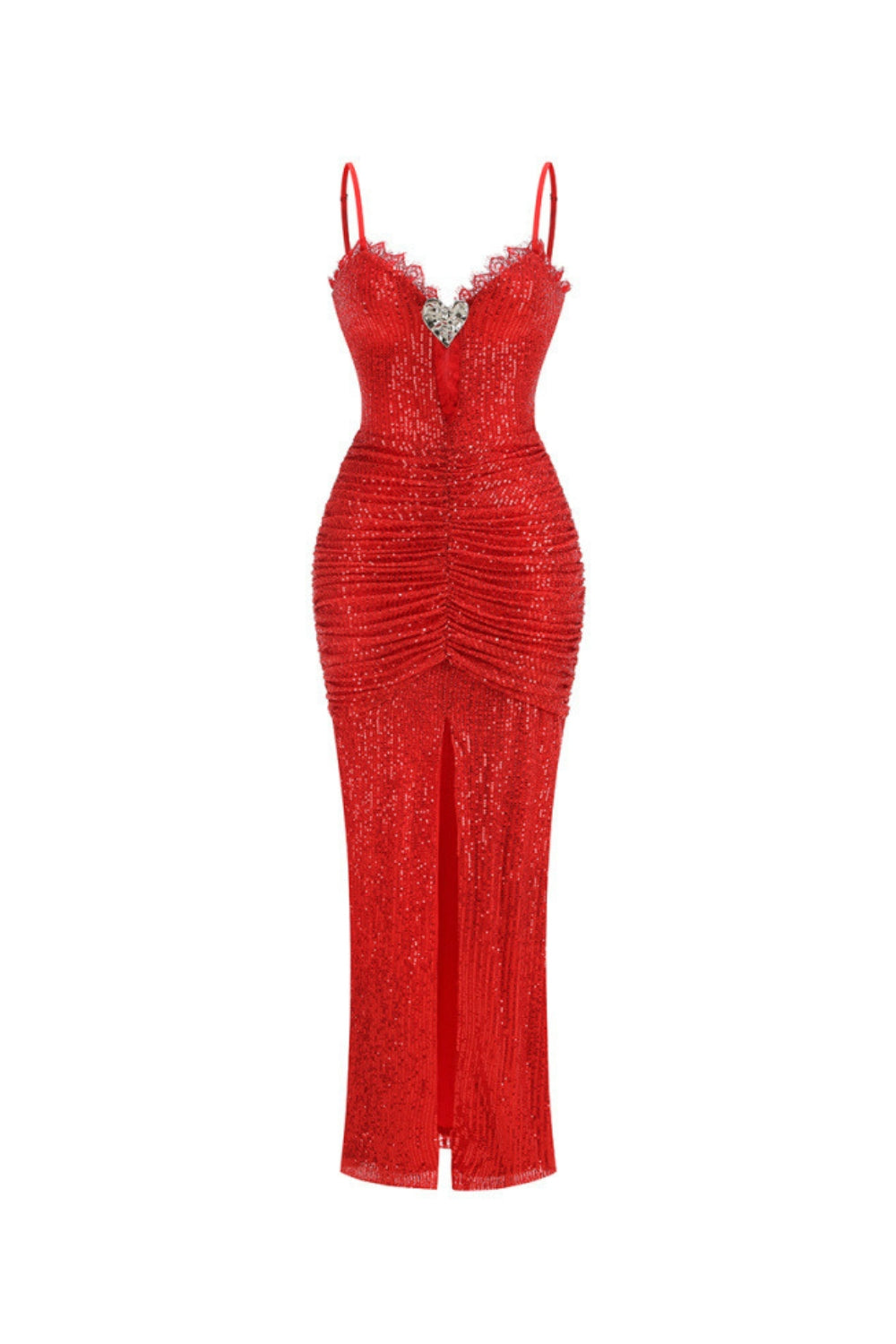 bertha high slit pleated sequin maxi dress in red