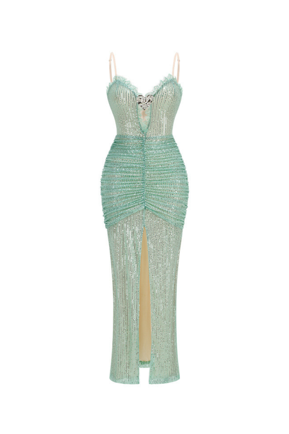 bertha high slit pleated sequin maxi dress in green