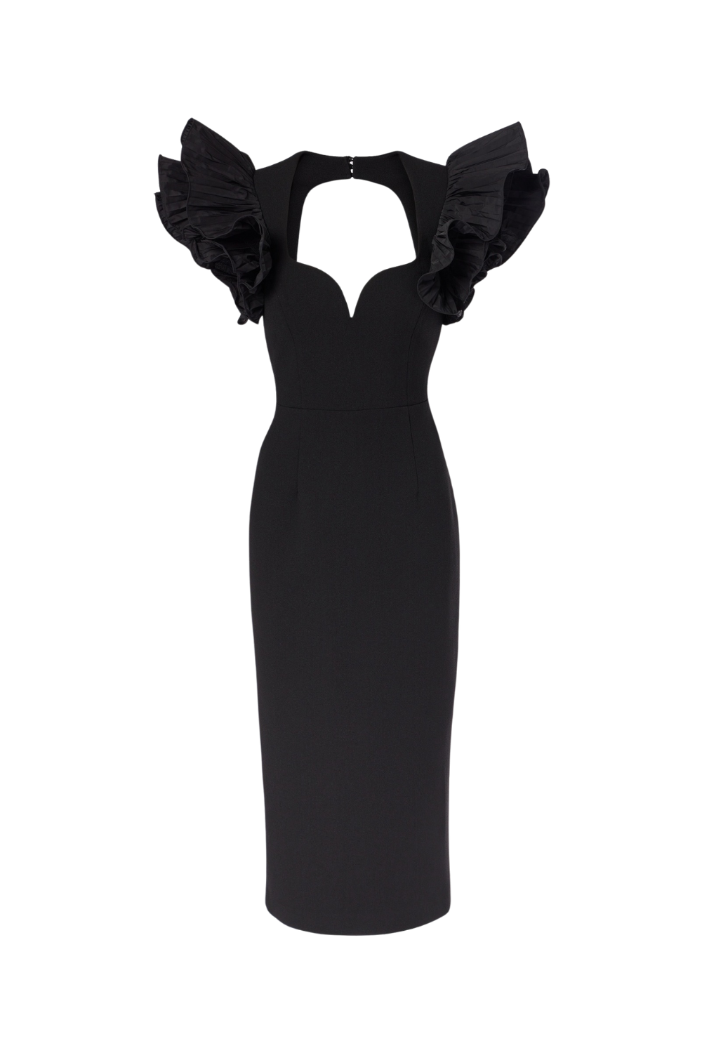 blanche ruffle crepe midi dress in black