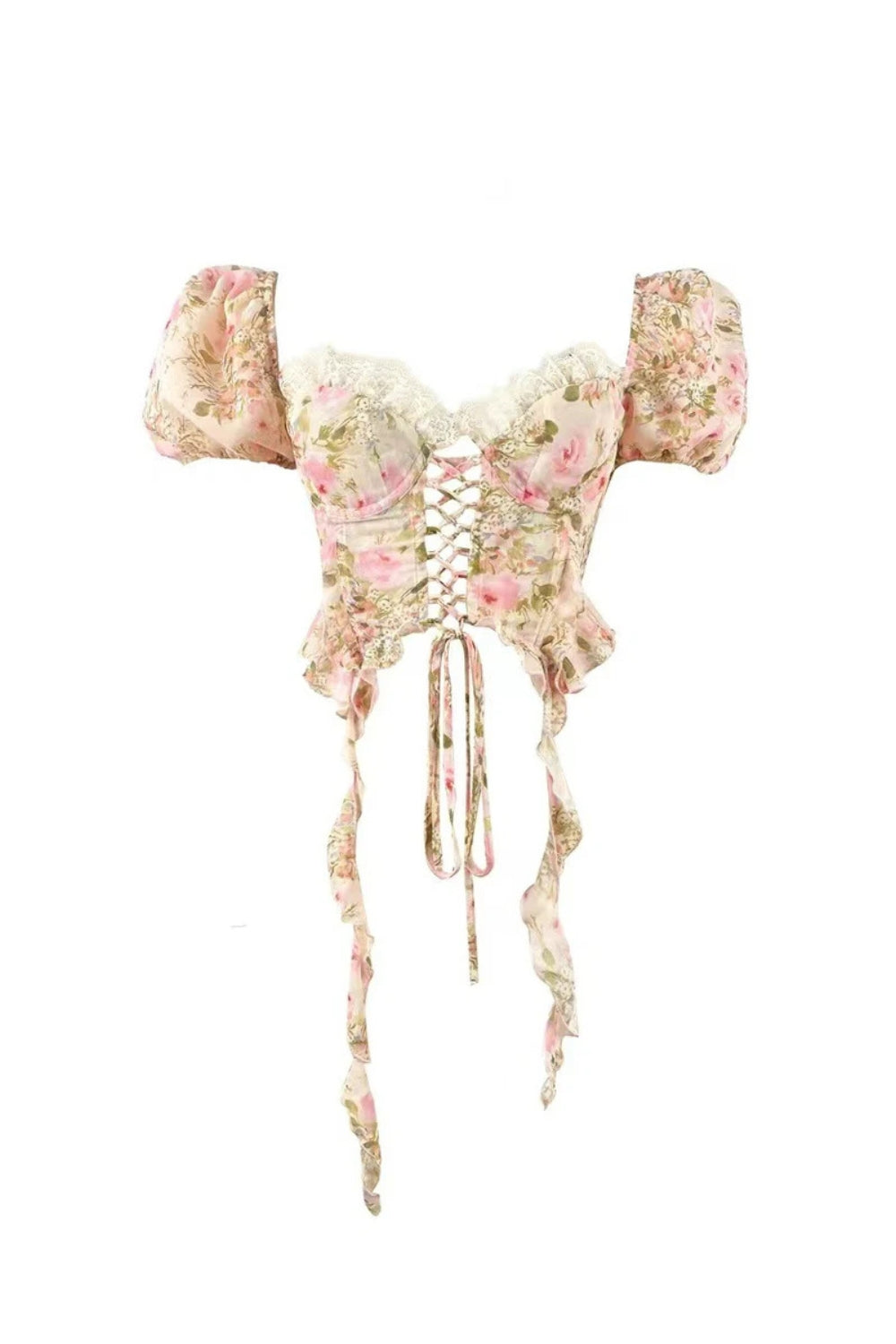 pink Tie-Drape Chiffon Shirt with Ruffled Puff Sleeves