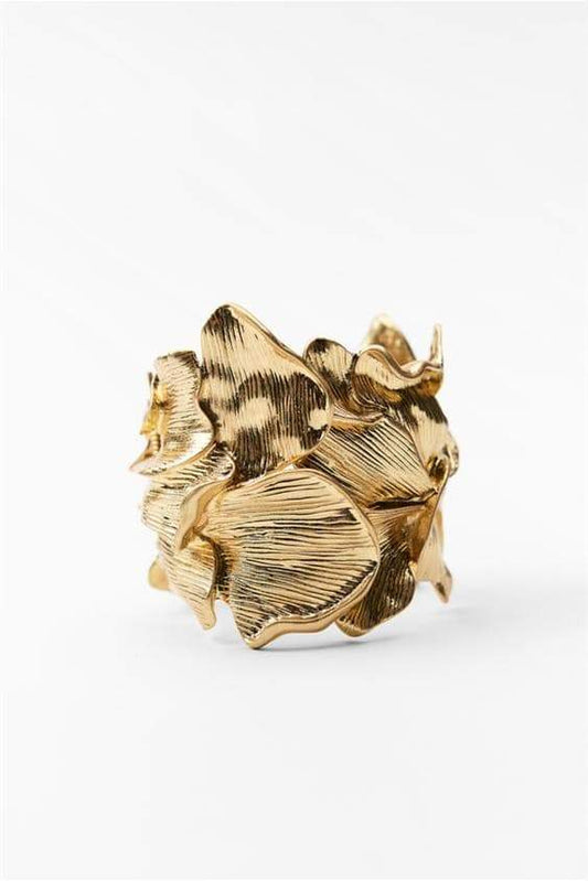 3D Textured Floral Wide Open Cuff Gold Bangle
