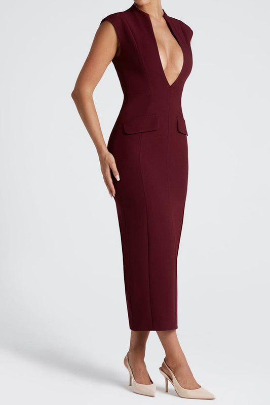 nellie v-neck bodycon midi dress in cherry lacquer