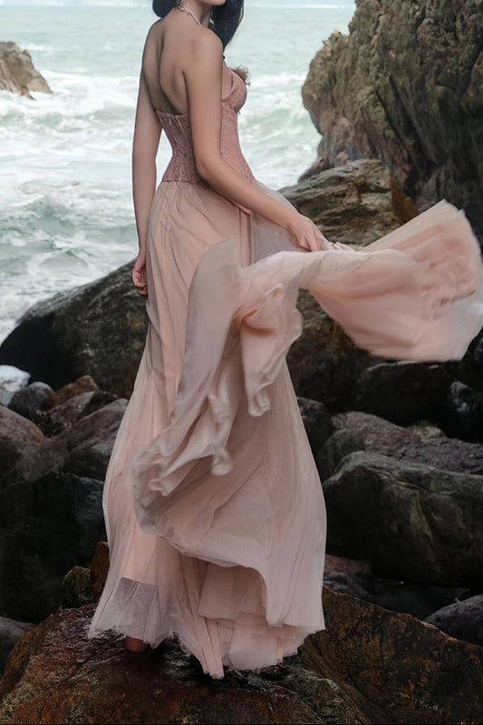 tiffany Lace Corset Tulle Maxi Dress – Blush