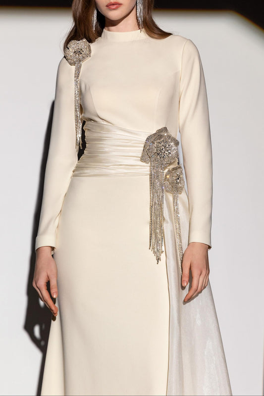 crystal flower Long-sleeve lace pleated maxi dress in apricot
