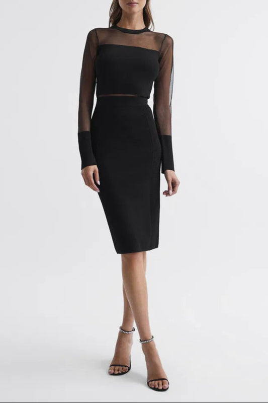 lyla knitted sheer sleeve midi dress in black